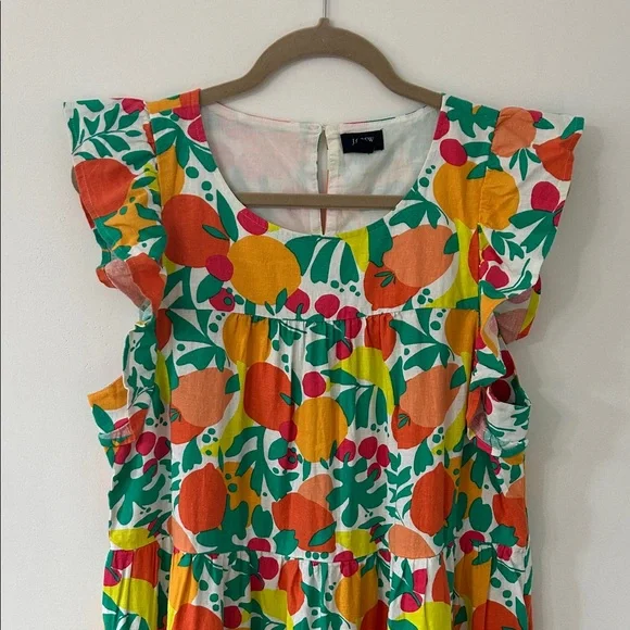 J. Crew Dress Size 12 Novelty Fruit Print Linen Tiered Ruffled Midi Beach Resort - Picture 15 of 15